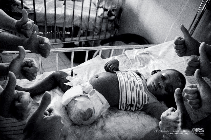 visual marketing technique example of an emotional appeal - third world baby in hospital cot